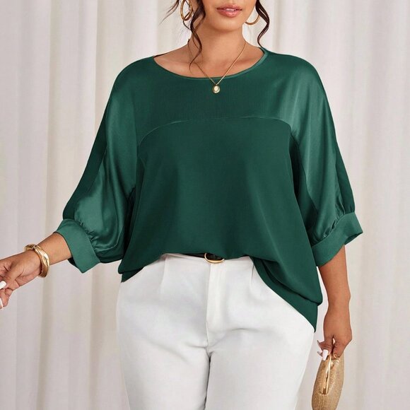 Dark Green Casual Women's Plus Size Metallic Raglan Patchwork Pullover Shirt - Picture 6 of 7